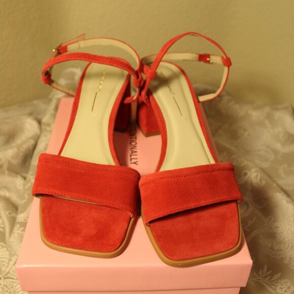 INTENTIONALLY BLANK Made In Brazil Suede Validated Heeled Sandals, Cherry - Picture 1 of 7
